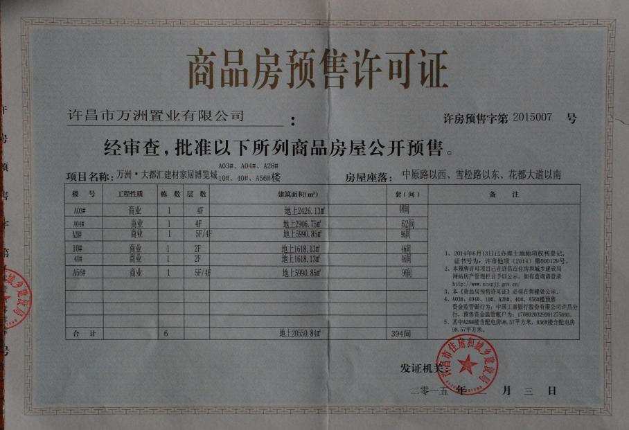 许房预售字第2015007号（许昌市万洲置业有限公司）