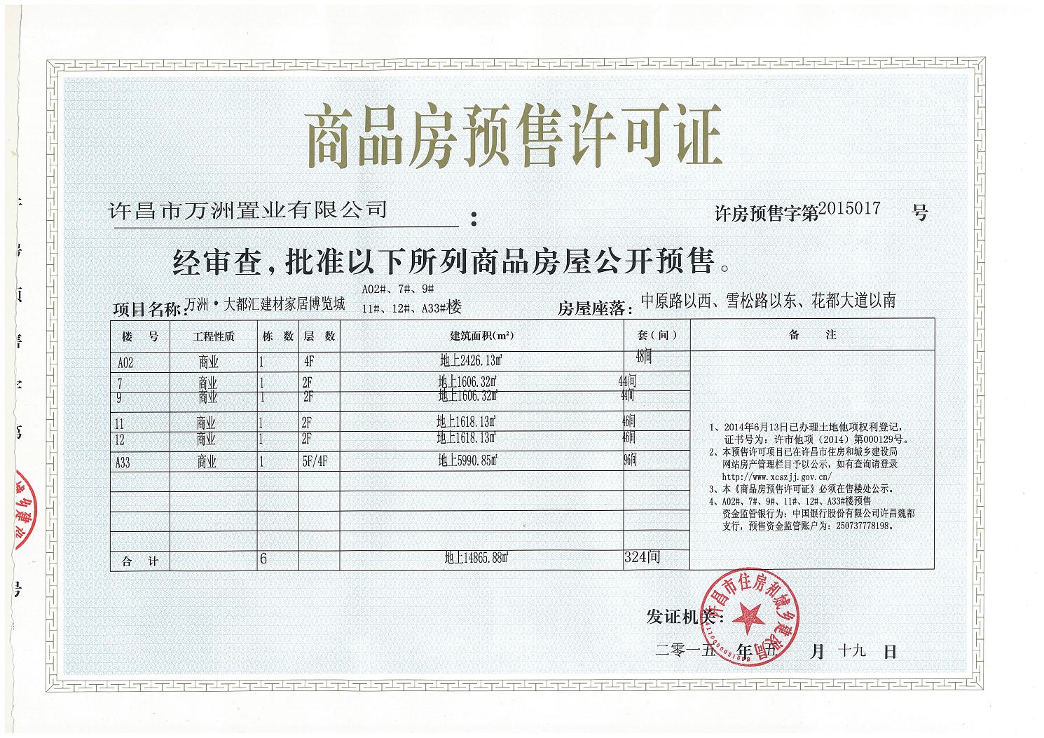 许房预售字第2015017号（许昌市万洲置业有限公司）