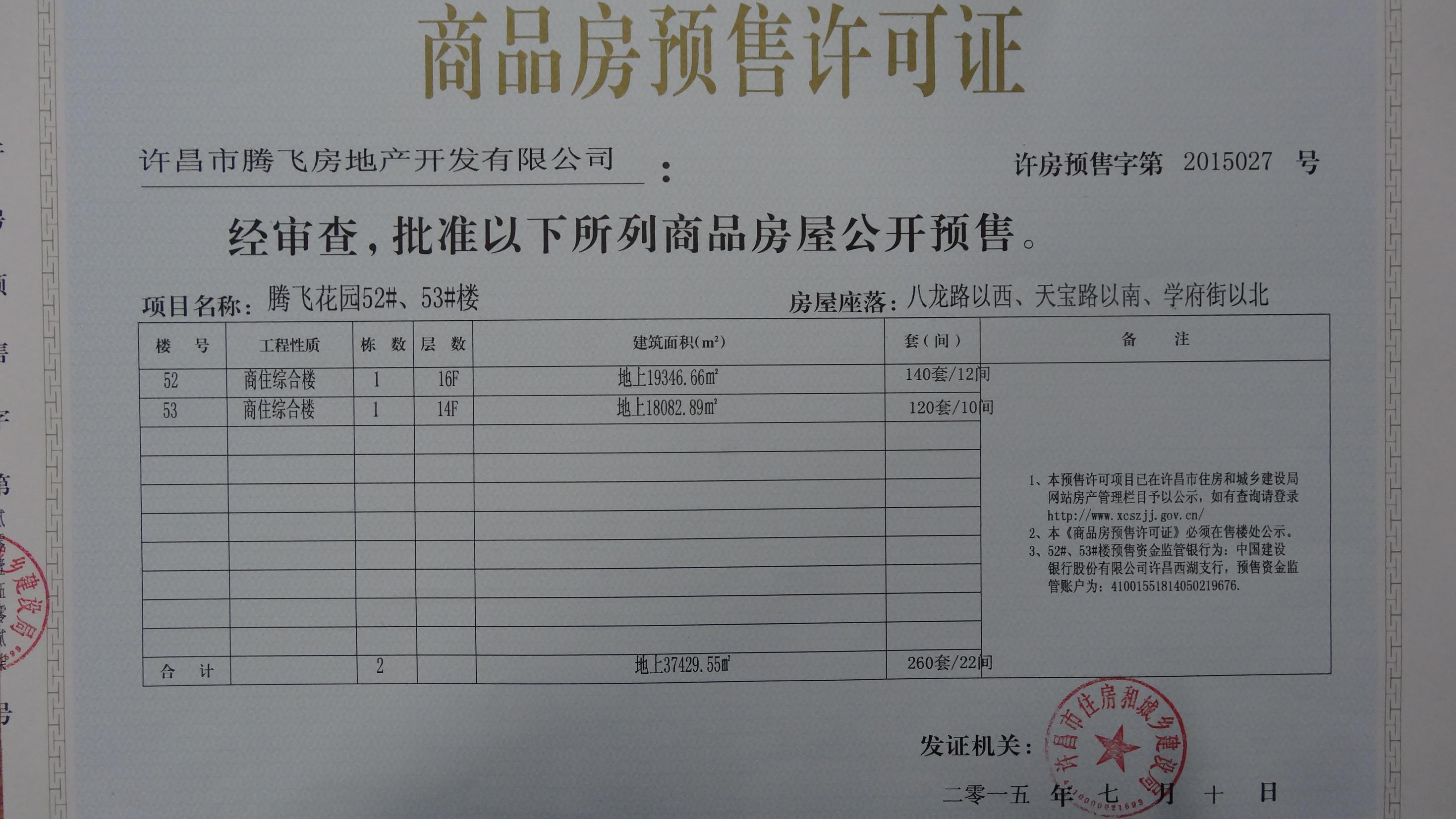 许房预售字第2015027号（许昌市腾飞房地产开发有限公司）