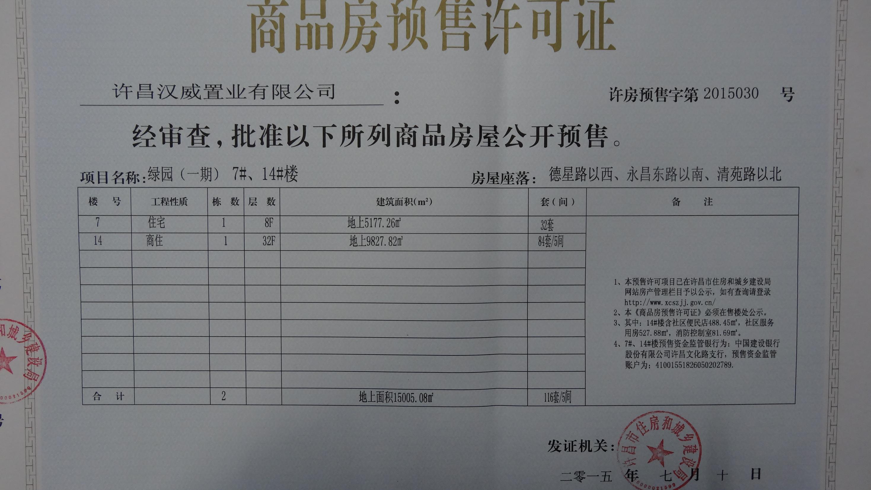 许房预售字第2015030号（许昌汉威置业有限公司）