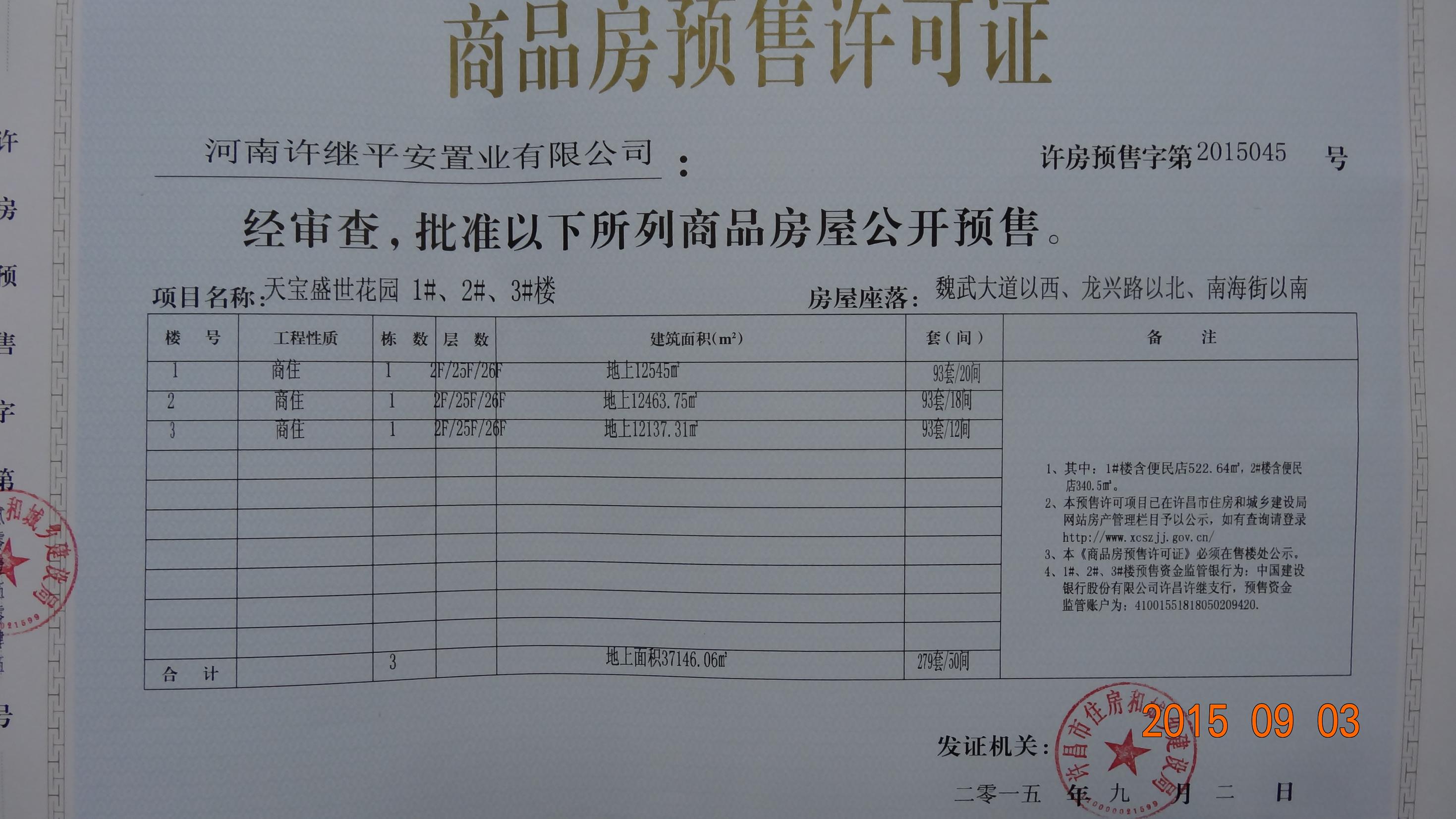 许房预售字第2015045号（河南许继平安置业有限公司）