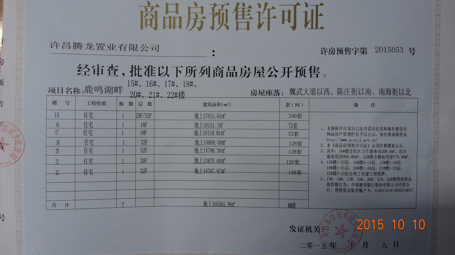 许房预售字第2015053号（许昌腾龙置业有限公司）
