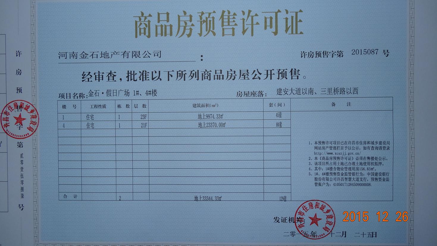 许房预售字第2015087号（河南金石地产有限公司）