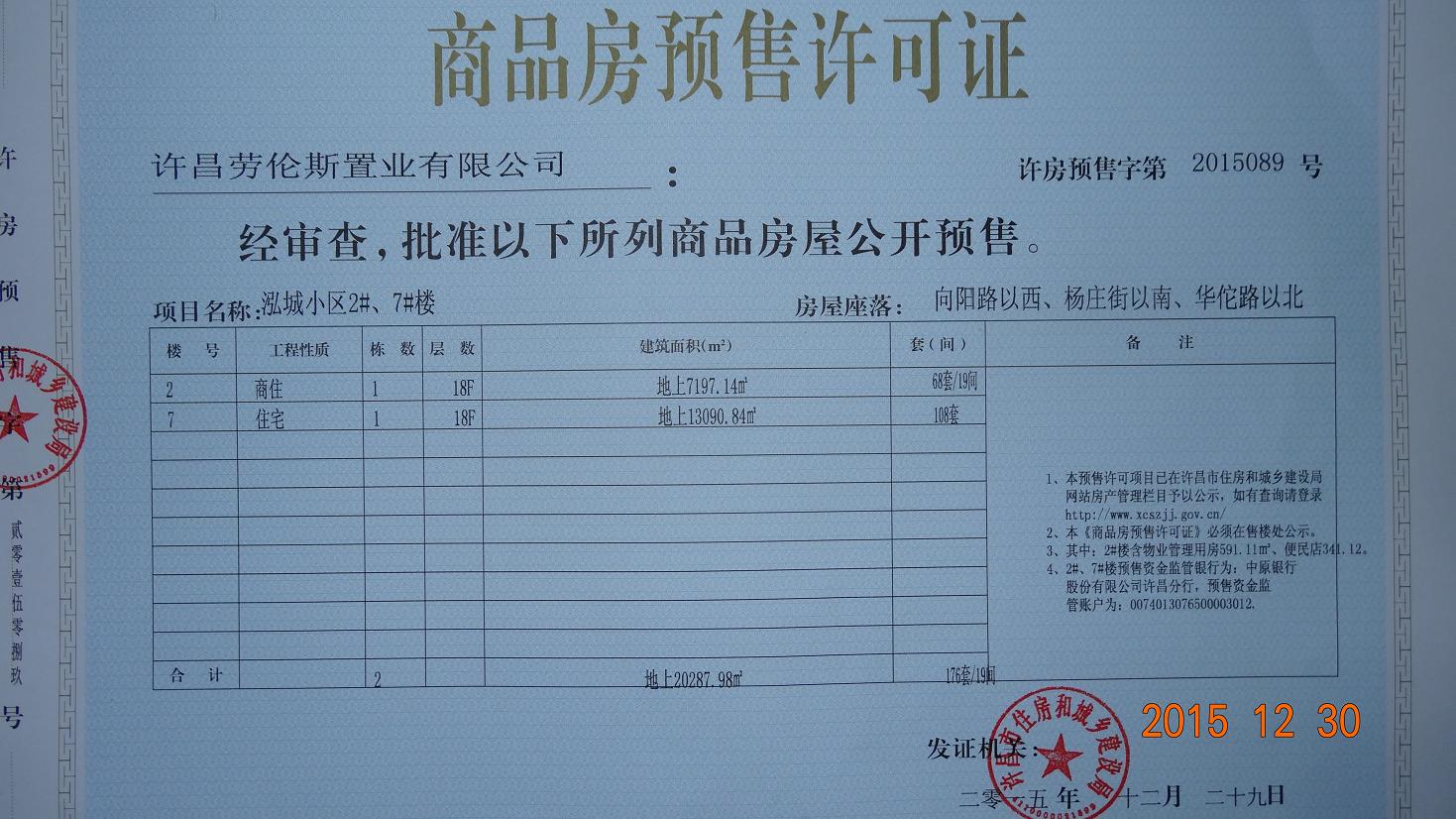 许房预售字第2015089号（许昌劳伦斯置业有限公司）