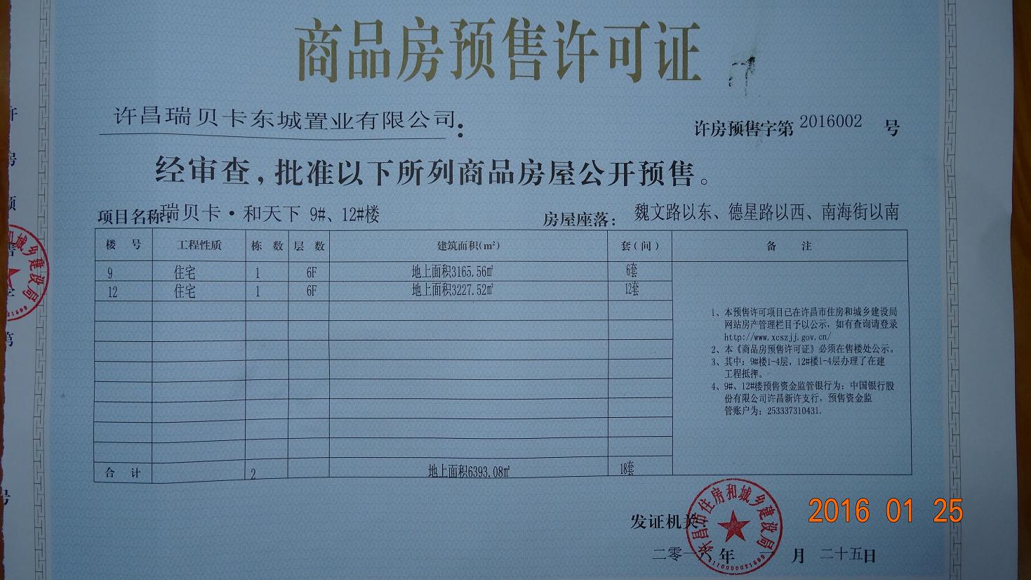 许房预售字第2016002号（许昌瑞贝卡东城置业有限公司）