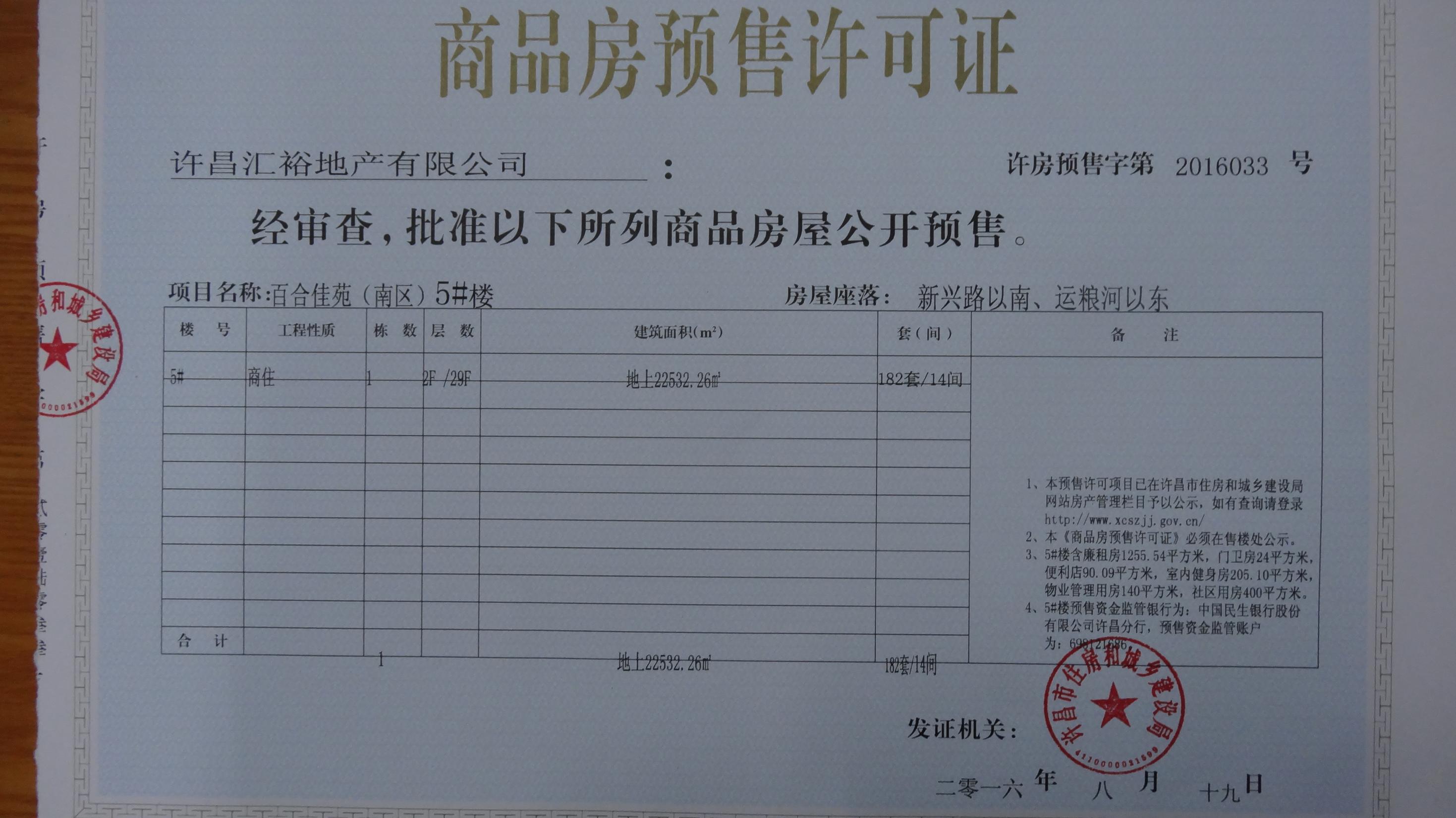 许房预售字第2016033号（许昌汇裕地产有限公司）